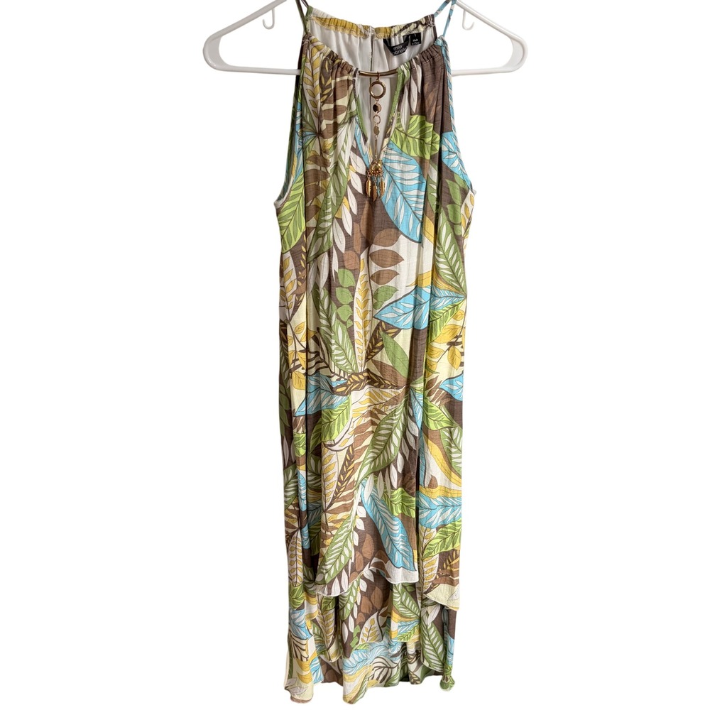 Mlle Gabrielle High-Low Dress Large Boho Tropical Leaf Print Halter Neck Green